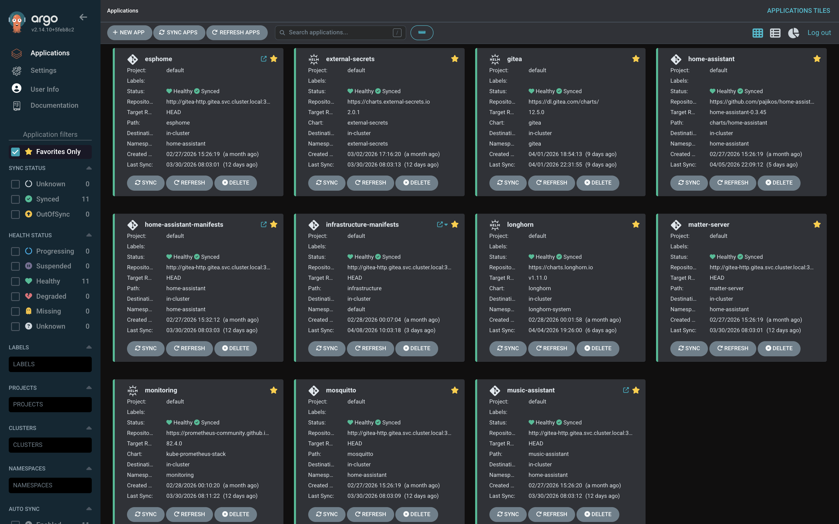 ArgoCD dashboard showing all 11 applications synced and healthy
