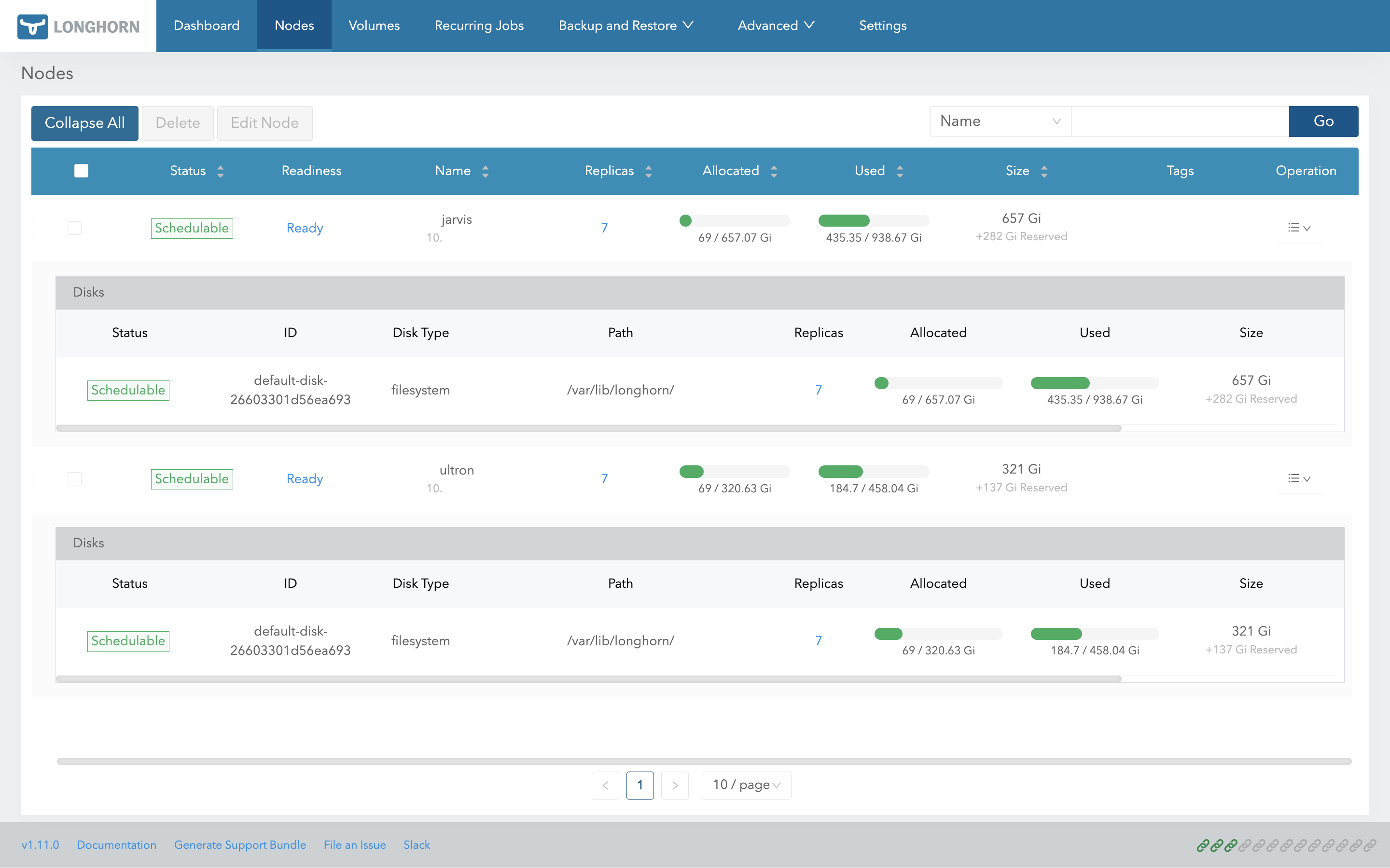 Longhorn nodes view showing Jarvis (657 Gi NVMe) and Ultron (321 Gi SSD) with their disk details